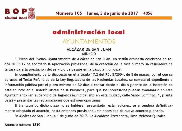 Creación de una tasa para el pesaje en la báscula municipal.