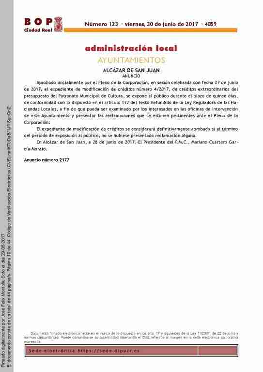 Aprobada la modificación de créditos extraordinarios del presupuesto del Patronato Municipal de Cultura 1