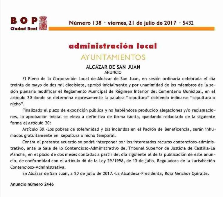 Aprobación definitiva de modificación del Reglamento Municipal de Régimen Interior del Cementerio Municipal