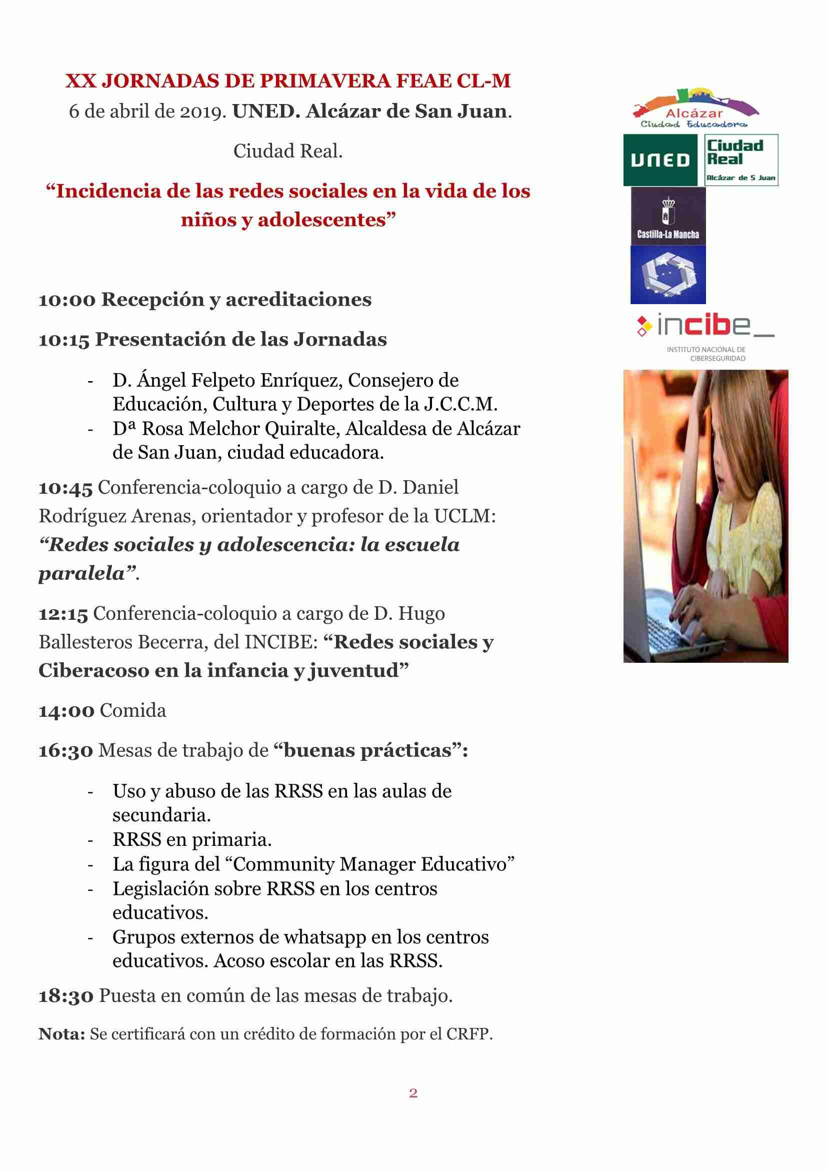 XX Jornadas de la FEAE CLM "Incidencia de las redes sociales en la vida de los niños y adolescentes" 2 XX Jornadas de la FEAE CLM "Incidencia de las redes sociales en la vida de los niños y adolescentes" 2