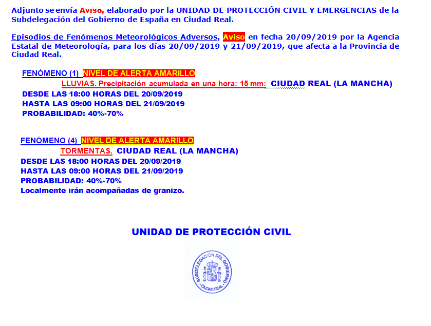 Aviso de alerta amarilla por lluvia y tormentas desde Protección Civil 1