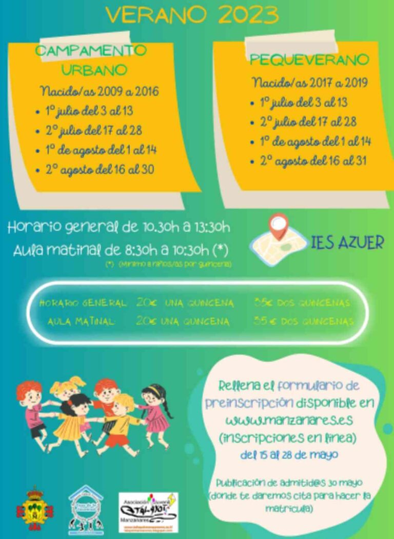 Campamento Urbano y Pequeverano de Manzanares preinscripciones del 15 al 28 de mayo de 2023