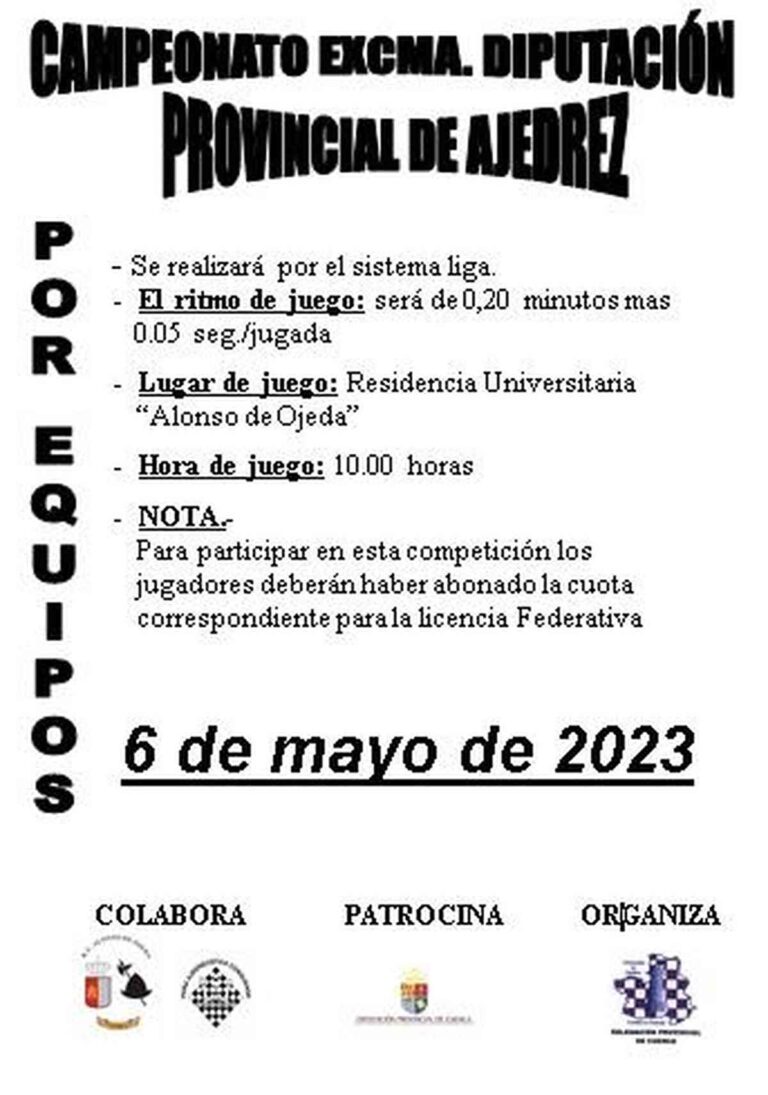 Campeonato Excma. Diputación Provincial el 6 de mayo en la Residencia Universitaria “Alonso de Ojeda” de Cuenca