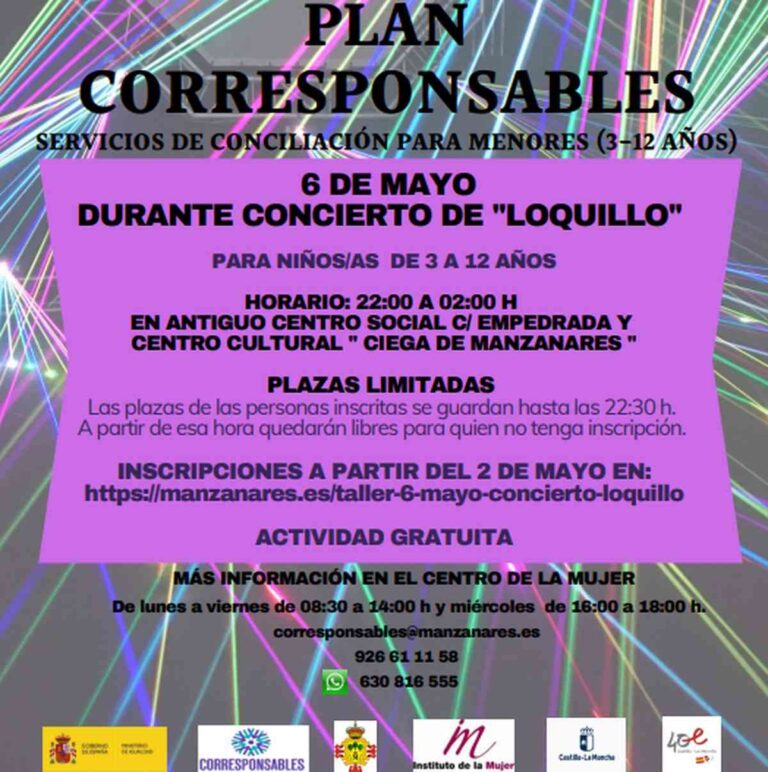 Plan Corresponsables Servicios de Conciliación para menores de 3 a 12 años el 6 de mayo durante el concierto de Loquillo en Manzanares