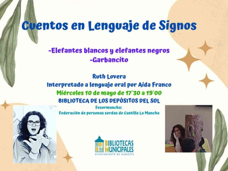 Cuentos en lenguaje de signos en la Biblioteca de Depósitos del Sol en Albacete el 10 de mayo