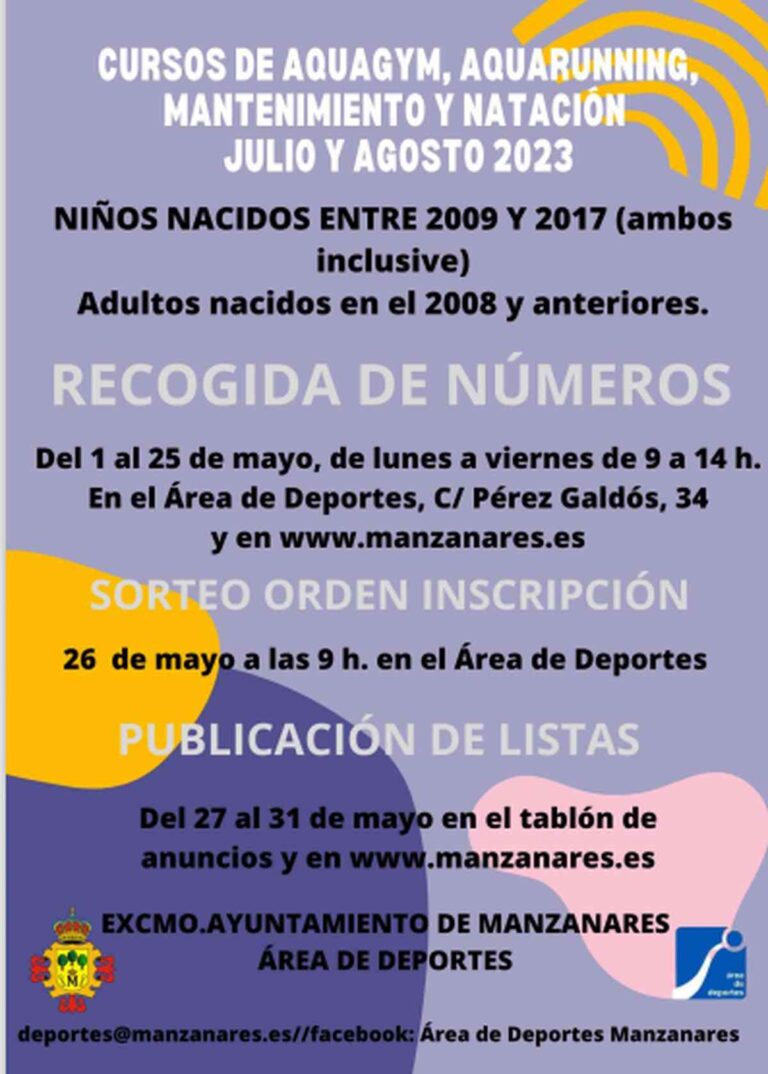 Recogida de números cursos de natación verano 2023 del 1 al 25 de mayo en Casa del Deporte de Manzanares