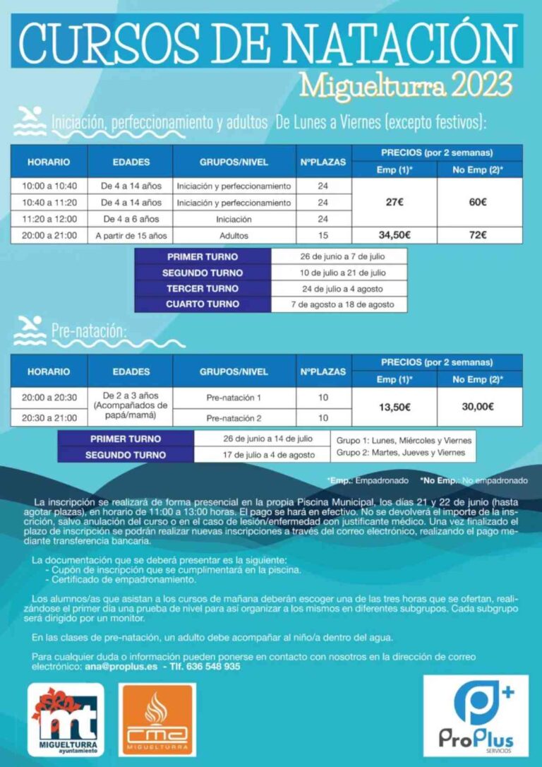 Inscripción a los cursos de natación verano 2023: niveles de iniciación, perfeccionamiento, adultos y pre-natación en Miguelturra