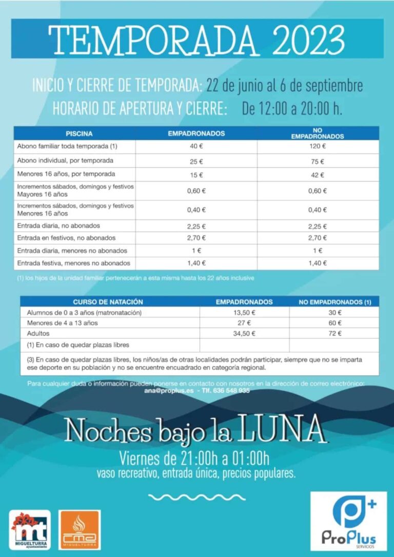 El 22 de junio abre sus puertas la Piscina Municipal  de Miguelturra estas son las  tarifas, descuentos, bonificaciones y cursos