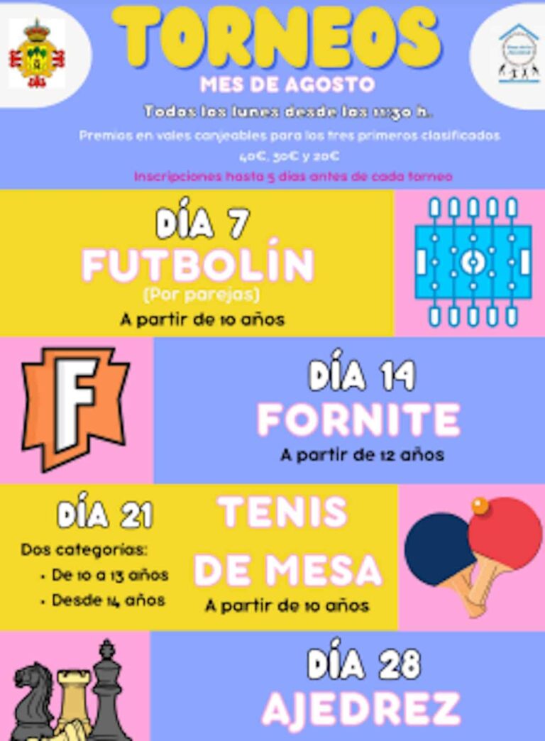 Torneos del mes de agosto de la Casa de Juventud de Manzanares todos los lunes desde las 11:30 h