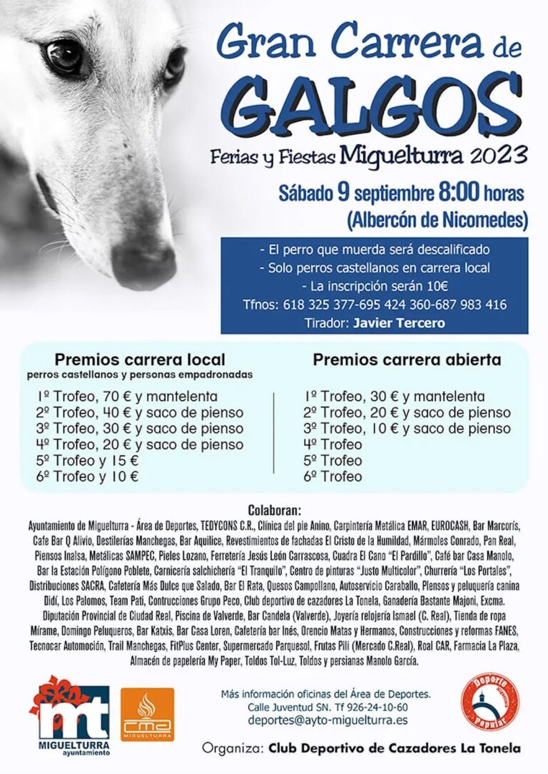 Gran carrera de galgos especial en la Feria y Fiestas de Miguelturra 2023 el 9 de septiembre en el albercón de Nicomedes