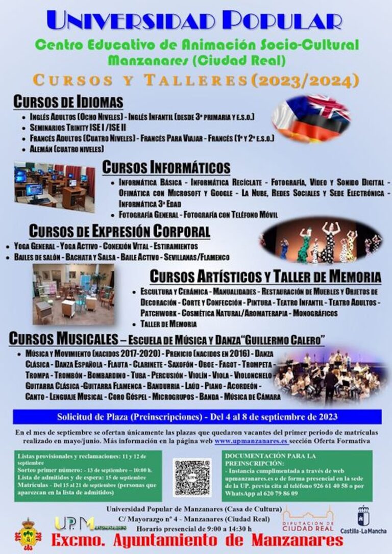 Nuevo plazo de preinscripciones en la Universidad Popular de Manzanares del 4 al 8 de septiembre