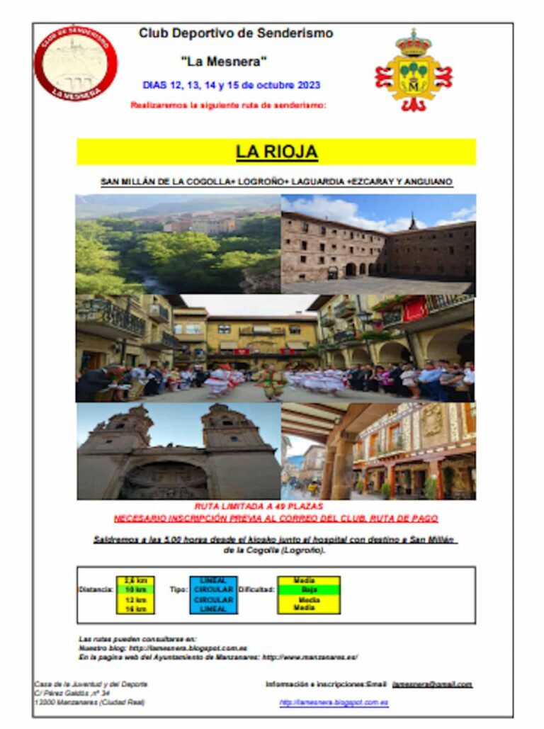 Ruta de senderismo San Millán de la Cogolla + Logroño +Laguardia + Ezcaray y Anguiano el 12, 13, 14 y 15 de octubre 2023