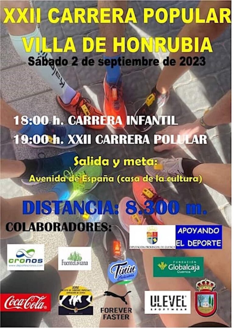 XXII Carrera Popular Villa de Honrubia 2023  el 2 de septiembre a las 19:00 horas con carrera infantil