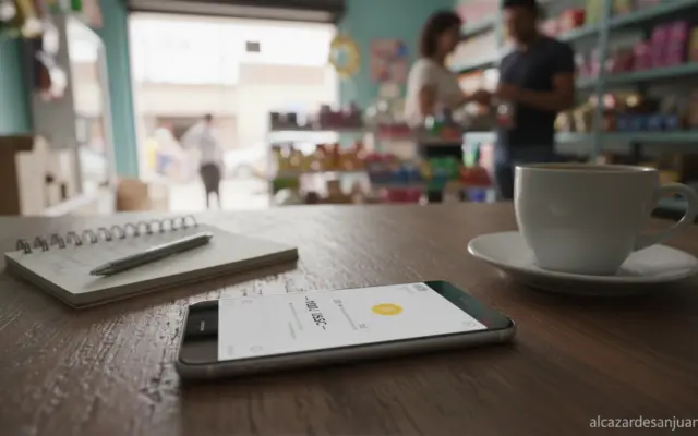 Smartphone con monedero digital y stablecoin en una pequeña tienda local