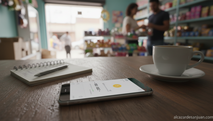 Smartphone con monedero digital y stablecoin en una pequeña tienda local