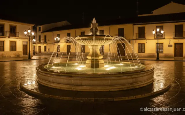 Fuente ornamental iluminada en la Plaza de Espana de Talavera de la Reina tras su rehabilitacion hidraulica