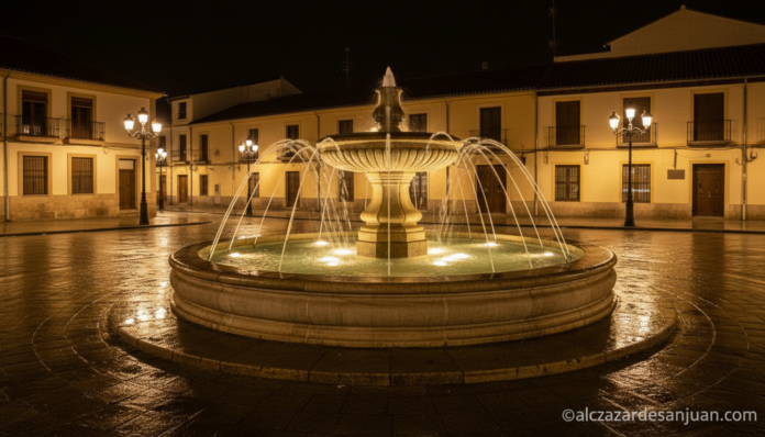 Fuente ornamental iluminada en la Plaza de Espana de Talavera de la Reina tras su rehabilitacion hidraulica