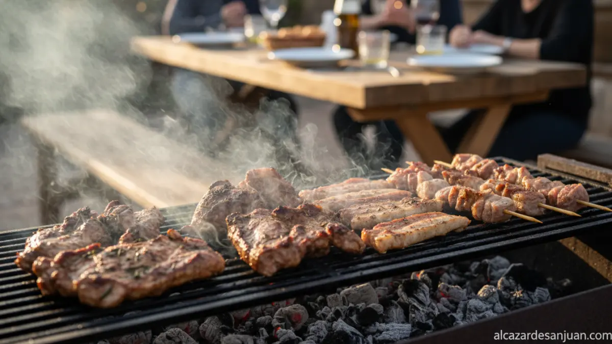Costillas y carnes marinadas preparadas en una parrilla de barbacoa al aire libre