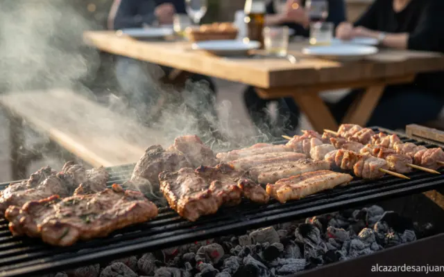 Costillas y carnes marinadas preparadas en una parrilla de barbacoa al aire libre