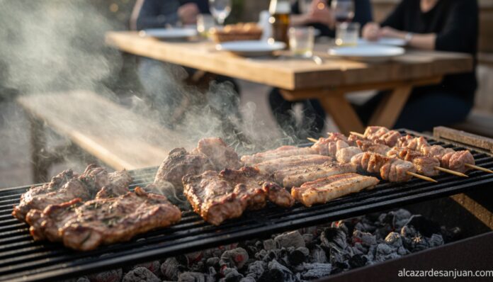 Costillas y carnes marinadas preparadas en una parrilla de barbacoa al aire libre