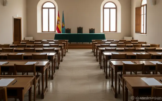Sala oficial preparada para la lectura del primer ejercicio de la oposición de inspección educativa en Castilla-La Mancha