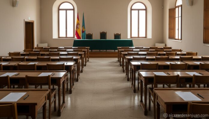 Sala oficial preparada para la lectura del primer ejercicio de la oposición de inspección educativa en Castilla-La Mancha