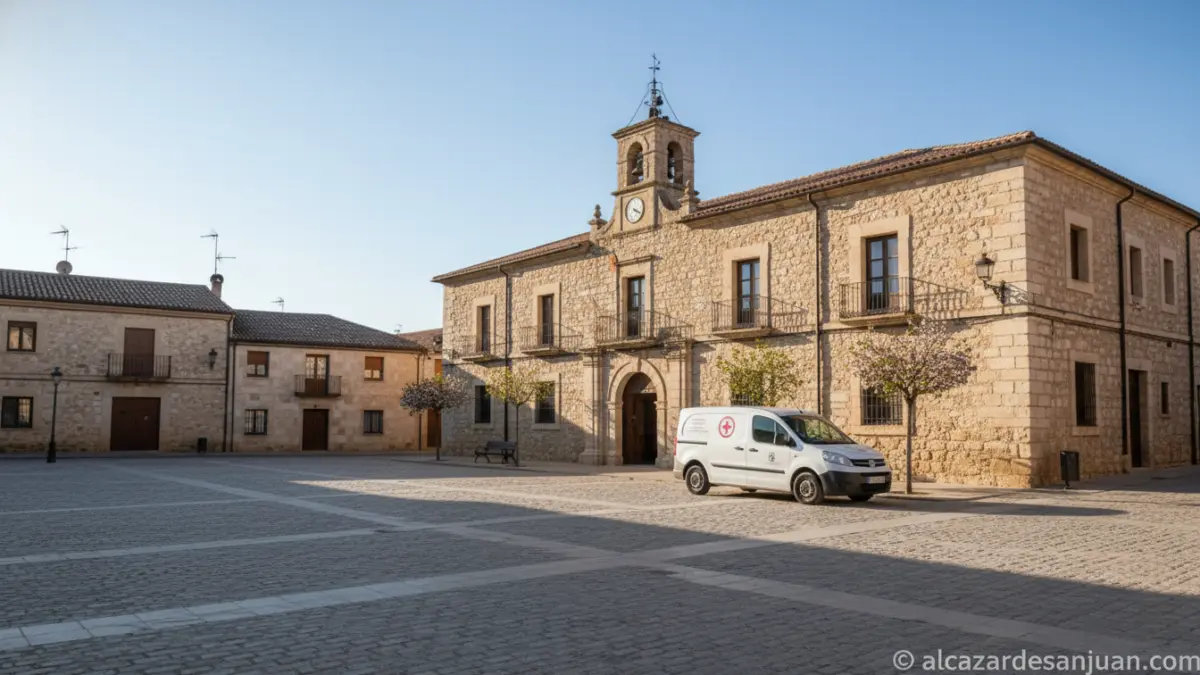 Unidad móvil de salud mental aparcada en un pueblo de Castilla-La Mancha