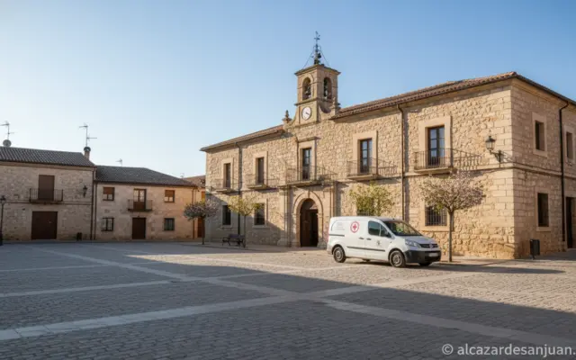 Unidad móvil de salud mental aparcada en un pueblo de Castilla-La Mancha