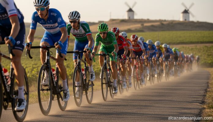 Pelotón ciclista durante una etapa de la Vuelta Ciclista a Castilla-La Mancha Leader