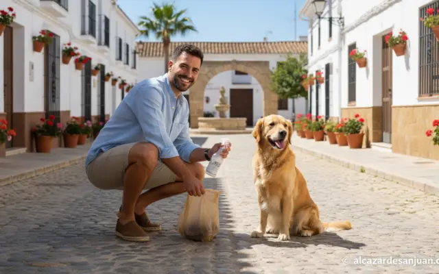 A cheerful dog owner picking up after their dog on a clean Spanish town street, holding a cleaning bottle, sunny day in a ...
