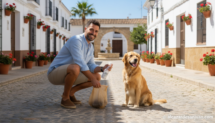 A cheerful dog owner picking up after their dog on a clean Spanish town street, holding a cleaning bottle, sunny day in a ...