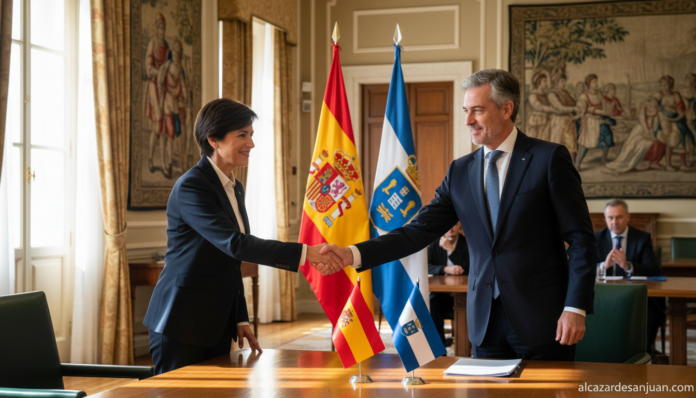 A formal diplomatic meeting scene at La Moncloa presidential palace in Madrid, two leaders in formal attire shaking hands ...