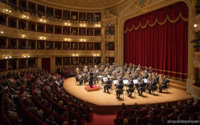 A formal military music concert scene in a classical Spanish theatre, uniformed musicians on stage performing with brass i...