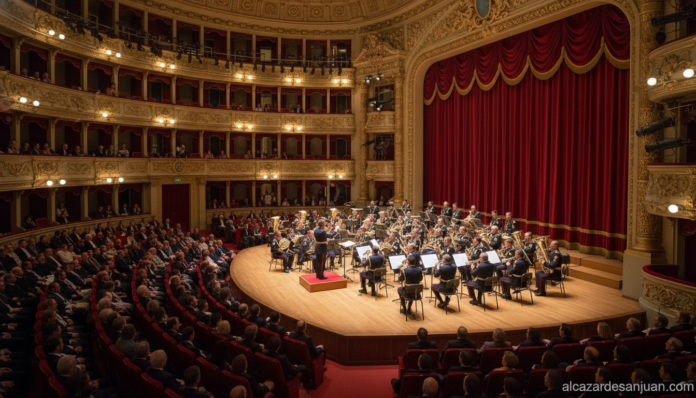 A formal military music concert scene in a classical Spanish theatre, uniformed musicians on stage performing with brass i...