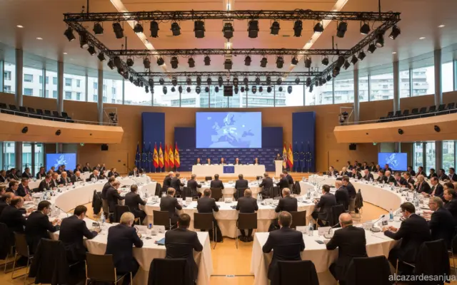 A formal political summit meeting in a modern conference hall in Barcelona, Spain. Wide-angle view of a large auditorium w...