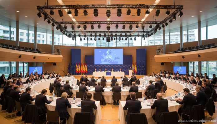 A formal political summit meeting in a modern conference hall in Barcelona, Spain. Wide-angle view of a large auditorium w...
