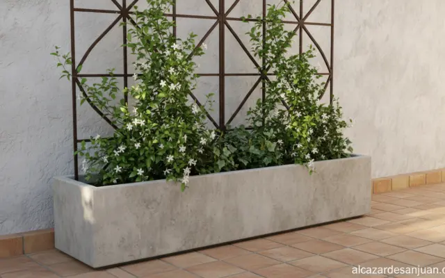 A modern outdoor planter with a decorative trellis support for climbing plants like jasmine and ivy on a Mediterranean-sty...