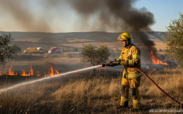 A volunteer firefighter in protective gear working to extinguish a vegetation fire in a rural Spanish landscape with dry s...