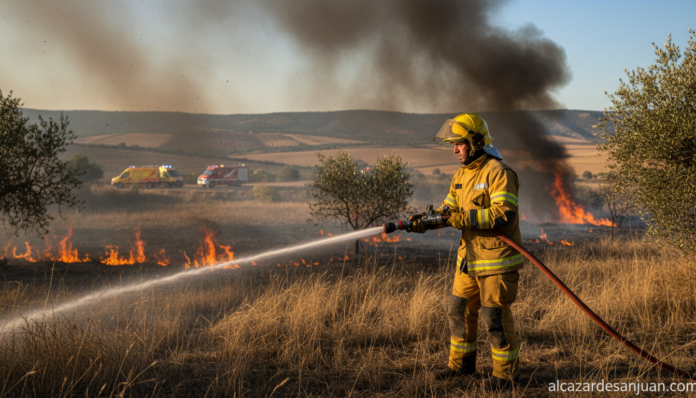 A volunteer firefighter in protective gear working to extinguish a vegetation fire in a rural Spanish landscape with dry s...