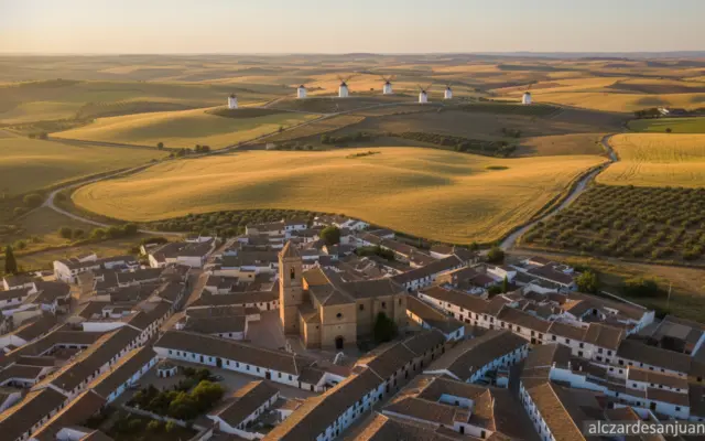 Aerial view of a small traditional Spanish village in La Mancha countryside, windmills in the background, rural landscape ...