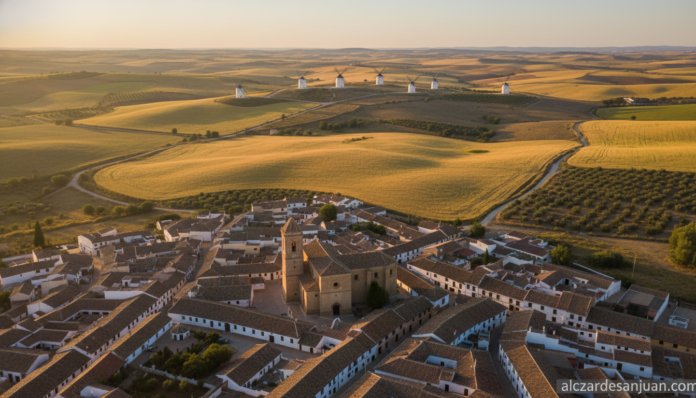 Aerial view of a small traditional Spanish village in La Mancha countryside, windmills in the background, rural landscape ...