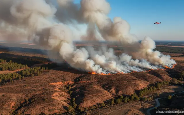Aerial view of smoke rising from a forest fire in central Spain countryside, Cuenca province landscape, firefighting helic...