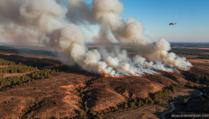 Aerial view of smoke rising from a forest fire in central Spain countryside, Cuenca province landscape, firefighting helic...