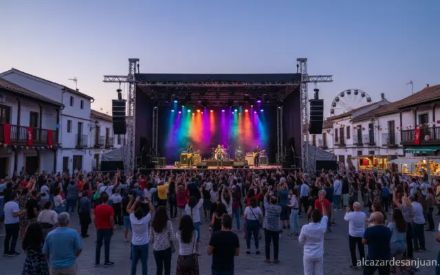 Concert stage with colorful lights at a traditional Spanish town fair, outdoor summer evening concert, festive atmosphere ...