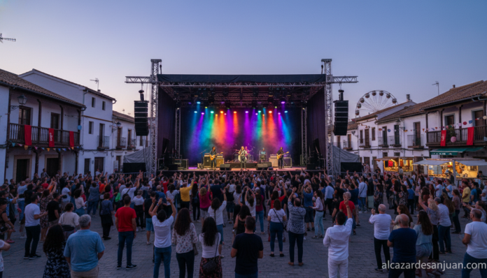 Concert stage with colorful lights at a traditional Spanish town fair, outdoor summer evening concert, festive atmosphere ...