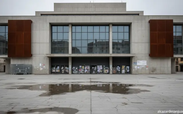 Exterior facade of a municipal theater-auditorium in a Spanish provincial city, modernist architecture, closed doors with ...