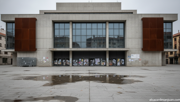 Exterior facade of a municipal theater-auditorium in a Spanish provincial city, modernist architecture, closed doors with ...