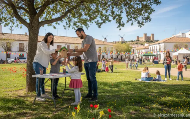 Familia con hijos en un parque municipal durante una jornada de actividades al aire libre, ambiente soleado de primavera e...