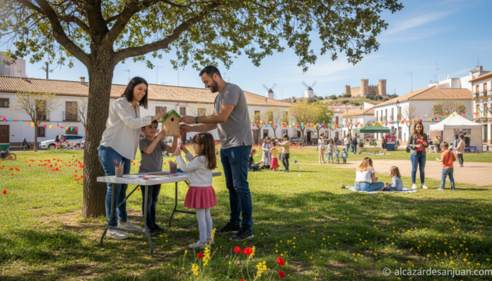 Familia con hijos en un parque municipal durante una jornada de actividades al aire libre, ambiente soleado de primavera e...