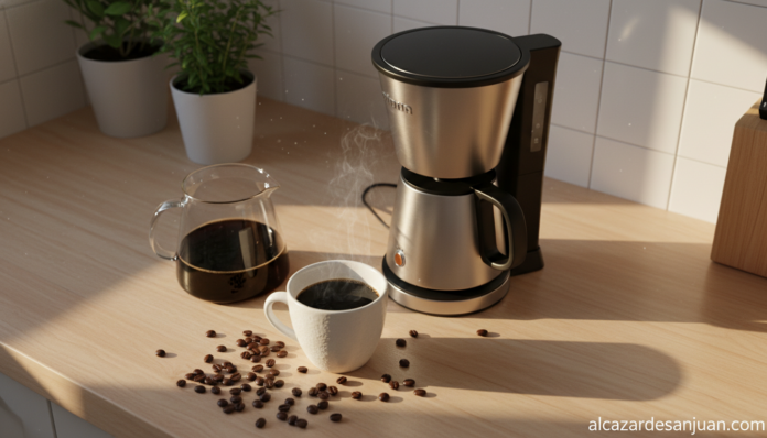 Cafetera eléctrica de filtro con jarra de cristal y taza de café recién hecho en una cocina luminosa
